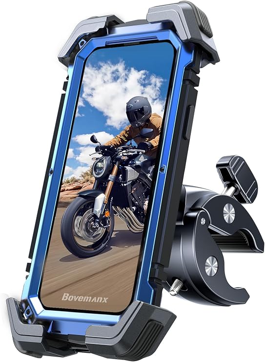 Bovemanx Motorcycle Phone Mount Holder,Ultra-Stable Bike Phone Holder Handlebar Cell Phone Clamp for Electric Scooter, Bicycle, Dirt Bike, Compatible with iPhone 15 Pro Max Samsung