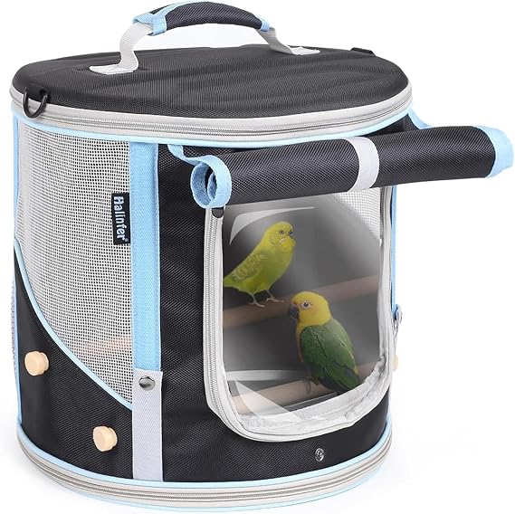 Cylindrical Portable Bird Carrier Travel Cage with Stands and Tray (Black, Medium Carrier)
