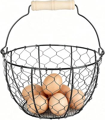 Egg Basket With Handle,Wire Egg Basket for Gathering Fresh Eggs, Round Egg Collecting Basket for Farm,Vintage Style Chicken and Duck Eggs Basket Egg Countertop Storage Container Holder
