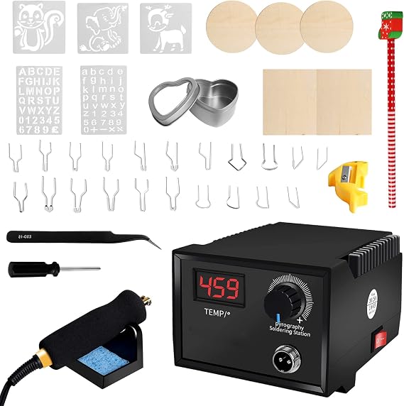 Pyrography Machine Soldering Iron Set 60W LCD Wood Burner Set Temperature Adjustable with 21 Pyrography Wire Tips for Wood Leather Gourd