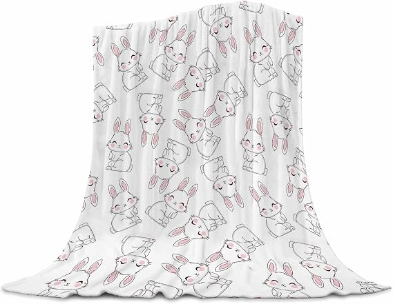 Bunny Blanket for Girls Boys 40"x50" Hand Drawn Rabbit Flannel Fleece Throw Blanket for Classroom Nap Couch Bed Sofa Car, Cute Fuzzy Blanket for Kids Toddlers Adults