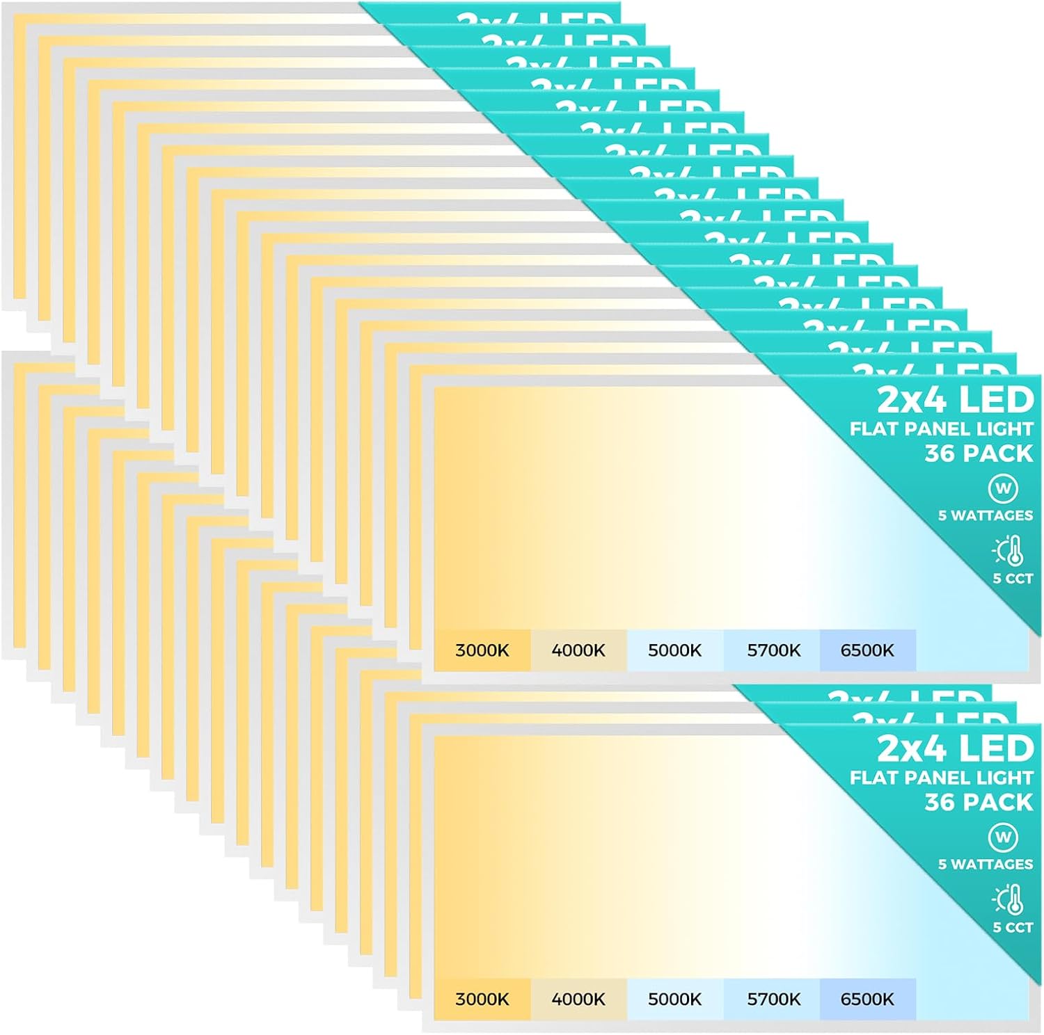 36 Pack 2x4 LED Flat Panel Light, Bright 9100LM Flush Mount Office Kitchen Ceiling Light Fixtures,Dimmable,Selectable 5 CCT 3000K4000K5000K5700K6500K, 5 Wattages 30W40W50W60W70W