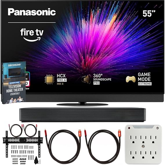 Panasonic TV-55Z95BP Z95BP Series 55 inch LED 4K Ultra HD Smart Fire TV Bundle with Bluetooth Soundbar, TV Wall Mount, 6-Outlet Surge Adapter, Theater Essentials and 2X HDMI Cable