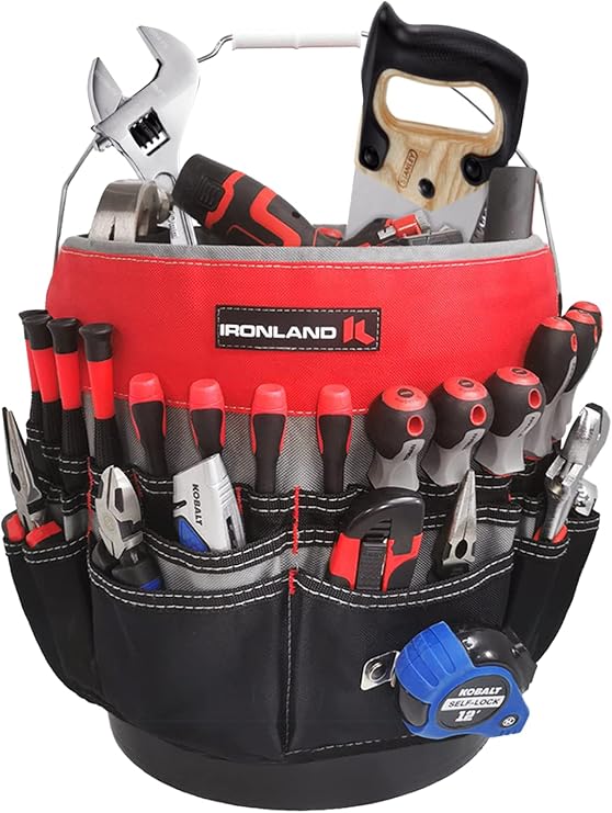IRONLAND Bucket Tool Organizer Fit 3.5-5 Gallon Bucket, 51 Pockets, Bucket Tool Caddy Organization for Garden, Construction, Carpenter, Electrician, Welding, Builder Red & Black