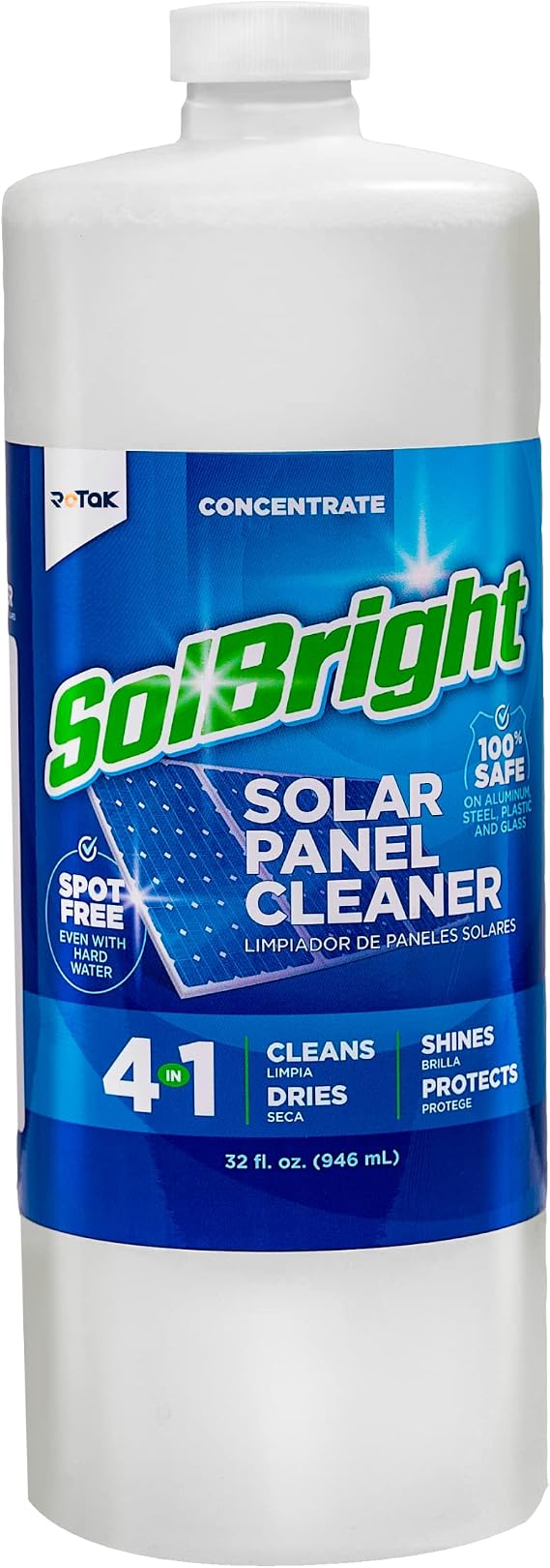 Rotak SolBright 4-in-1 Solar Panel and Window Cleaner Solution For PV Solar Panels and Glass Spot Free Quick Dry Non-toxic Cleans Up to 10 Solar Systems (32 oz)