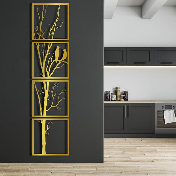 Metal Tree and Birds Wall Art, Metal Tree Art, Metal Wall Decor, 4 Panels Wall Hangings, Metal Wall Art, Home Decoration, Tree of Life Wall Art, Birds Metal Decor (47" x 12" / 120 x 30 cm, gold)