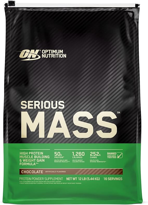 Optimum Nutrition Serious Mass Protein Powder High Calorie Mass Gainer with Vitamins, Creatine and Glutamine, Chocolate, 16 Servings, 5.45 kg