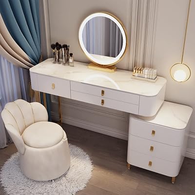 Vanity Desk, Makeup Vanity with Padded Stool, Dressing Table with LED Lighted Mirror and Side Table, Makeup Table with 3 DrawersWhiteC,120cm47.2in