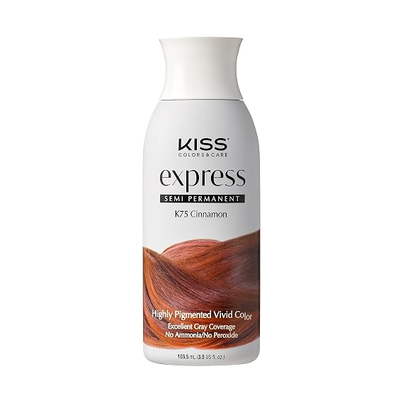 Kiss Express Semi-Permanent Hair Color Vivid, Highly Pigmented Dye for Vibrant Hair, Gentle Formula, Gray Coverage, pH Balanced, 23 Intermixable Shades, All Hair Types (3.5 oz, Cinnamon, 1 Count)