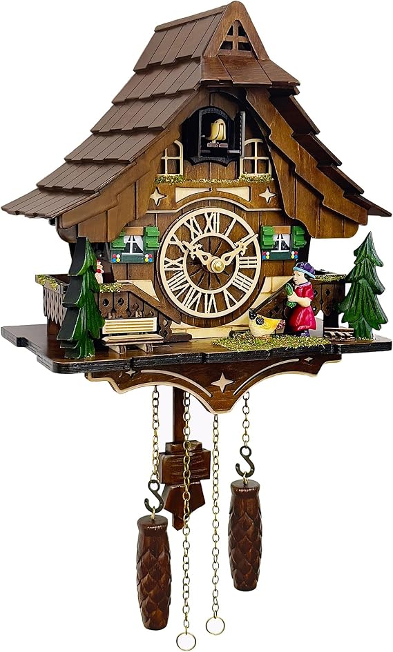 Cuckoo Clocks for Wall, Handcrafted Black Forest Chalet, Quartz | Solid wood; Hourly chime; 12 Melodies; Night mode; Volume control; Battery operated; Great gift; 10.3x22.5 inch