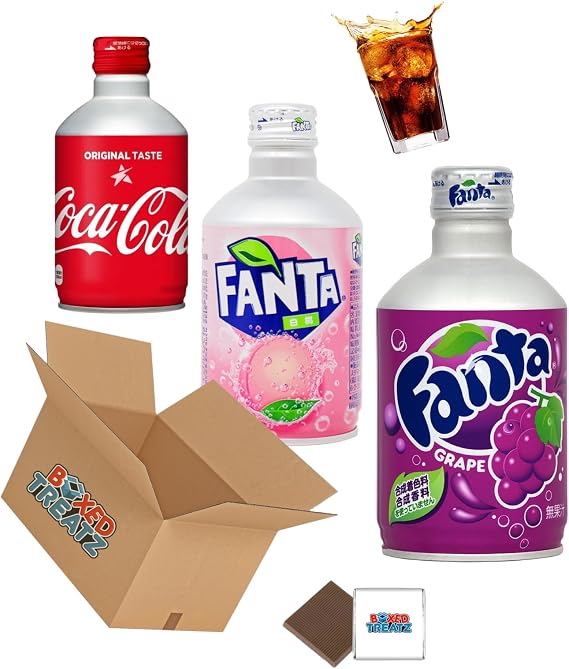 Japanese Soda Metal Bottle - Coke Regular, Fanta Grape & Fanta White Peach 300ml (300ml) Screw Lid Canned Drinks Boxed Treatz (1Pcs Each (3x300ml))