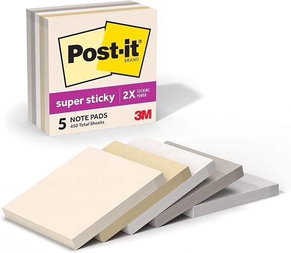 Post-it Super Sticky Notes, 3 x 3 in, Neutrality, 5 Pads, 90 Sheets/Pad