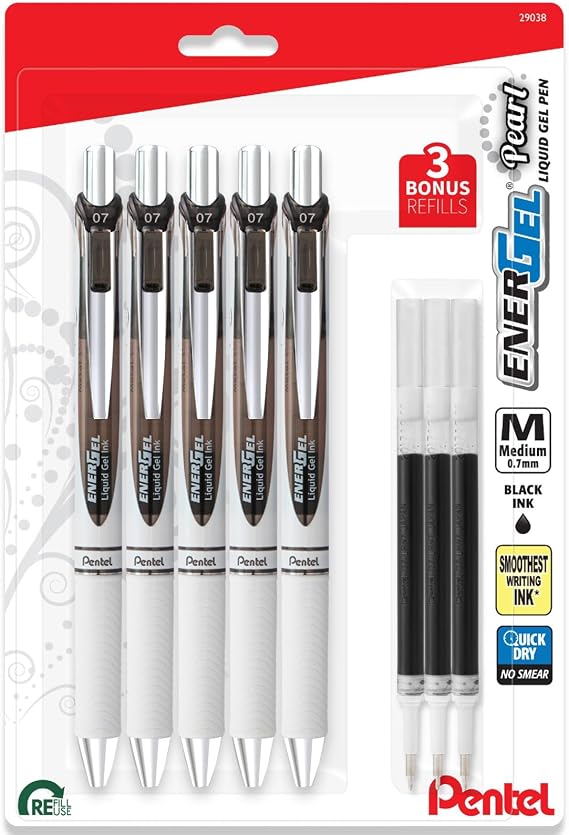 Pentel EnerGel 0.7 Pearl RTX Retractable Black Liquid Gel Pen - Medium Point - Needle Tip - Pack of 5 +3 Refills