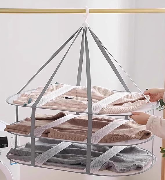 Clothes Drying Rack Foldable - 3 Tier Laundry Drying Rack, Sweater Drying Rack Flat Mesh, Clothes Air Dryer for Hanging Sweater Bras Delicates Dolls for Laundry Bathtub Balcony Outdoor, White