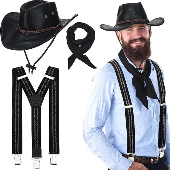Maiteenly 3 Pcs Halloween Western Bounty Hunter Costume for Men Include Leather Hat Premium Y Back Suspenders Solid Pure Scarf for Men Medieval Vintage Halloween Costume Party Cosplay Accessories Set