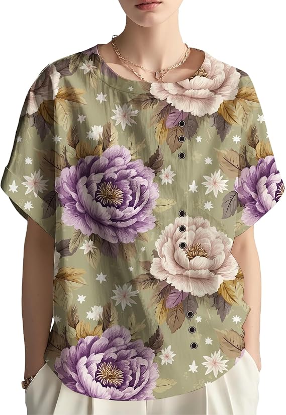 2025 Summer Linen Boho Shirts for Women Floral Print Button Blouse Round Neck Short Sleeve Relaxed Draped Tunic Top