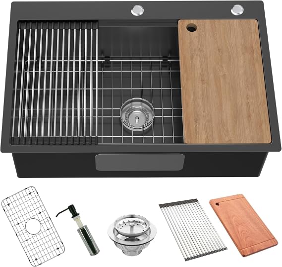 Black Kitchen Sink Workstation, 33x22 Inch Stainless Steel Drop In Kitchen Sink Modern Large Single Bowl Kitchen Sink Gift Combo-SS Grid,Drying Rack,Cutting Board,Silicone Mat, Drain Strainer Set