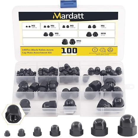 100Pcs 7 Sizes Hex Acorn Cap Nuts Assortment Kit M3 M4 M5 M6 M8 M10 M12 Nylon Female Thread Bolt Cover Cap Dome Nuts for Protection, Indoor and Outdoor