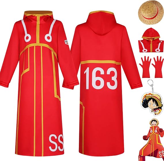 Anime One Piece Egghead Island Monkey D Luffy Cosplay Costume Outfit Role Paly Red Uniform Full Set Halloween Party Carnival Dress Up Suit with Hat Keychain for Men