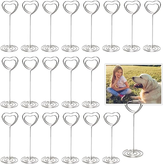 25 Pack Heart Shape Table Number Card Holders for Wedding Party Silver | Sturdy metal base, elegant. For menus, photos, name tags at events, offices, restaurants.