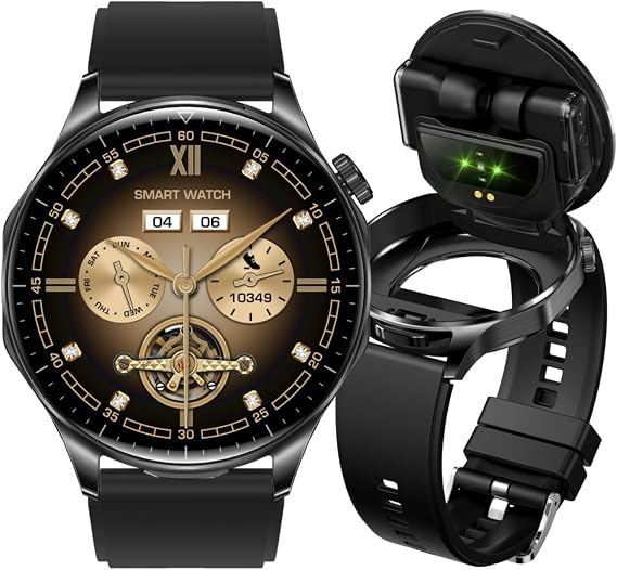 Smart Watch with Earbuds for Men Women,1.43" AMOLED Screen Fitness Watch, Sport Modes, Long Time Standby Heart Rate Sleep Monitor, 2 in 1 Bluetooth Earphones Watch for iOS & Android (Black)