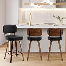 Bekrvio Swivel Bar Stools Set of 3, 65CM Upholstered Faux Leather Barstools with Back and Bent Wood Legs, Mid Century Modern Bar Chair Island Stool for Kitchen Counter, Black