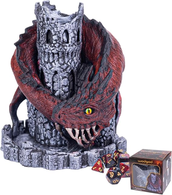 WodGod Red Dragon Castle Dice Tower(with 7Pcs Polyhedral Dice),for Tabletop Games, D&D and RPG Games,Dungeons and Dragons,DND Dice Tower,Perfect Table Decoration & Party Surprise Gifts