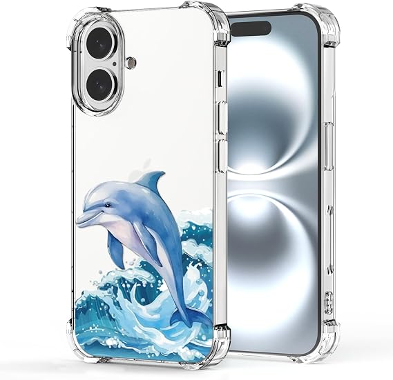 Cute Case for iPhone 16 Plus Dolphin Clear, Shockproof Soft TPU Protector Flexible Cartoon Design Mobile Phone Cover Girls Cases for iPhone 16 Plus Kids