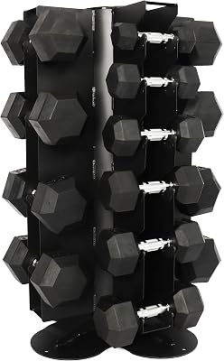 Signature Fitness 550LB Rubber Coated Hex Dumbbell Weight Set with Vertical and Spinnable Storage Rack, 5-50 lbs Pairs, Multiple Package