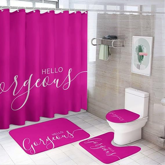 4 Pieces Shower Curtain Sets, Hello Gorgeous Hot Pink White Minimalist Bathroom Sets with Shower Curtain & Rugs, Bathroom Decor Rug Toilet Lid Cover & Non-Slip U Shape Mat