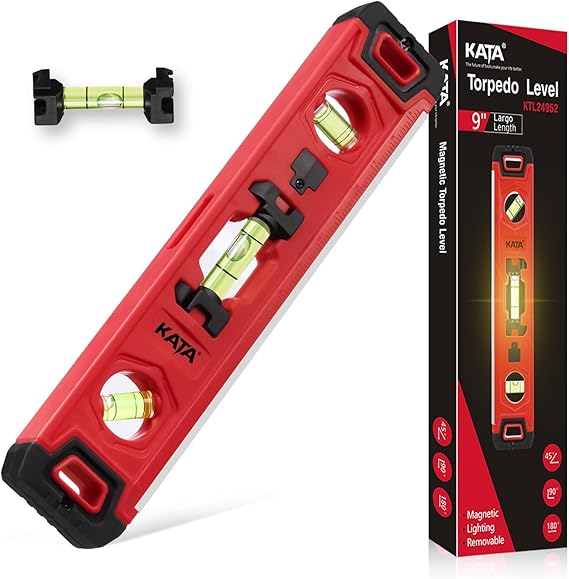 KATA 9 Inch Lighted Magnetic Torpedo Level with Illuminated Bubble Vials | Small Level for Dark Spaces, Strong Magnetic Base for Hands-Free Use, Compact Pocket Level for Electricians, Plumbing & DIY