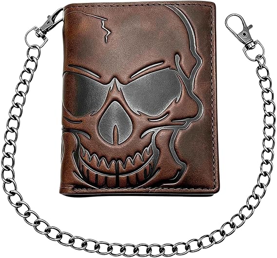 Skull Wallet for Men Bifold Card Holder Wallet Pocket Purse Cowhide Leather Wallet with Chain