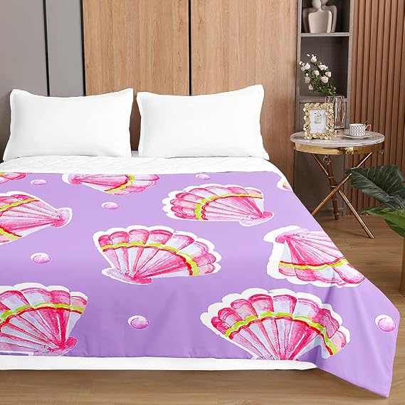 Highdi Reversible Bed Throws Quilted Bedspreads, Beach Shell Print Lightweight Patchwork Quilt Comforter Single Double,Cotton Throw Summer Quilt,Quilted Blanket for Seasons (Purple,100x150cm)