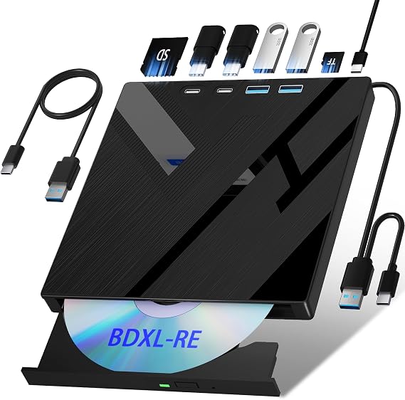Wbacon 7 in 1 External Blu-Ray Drive, Support 100G Disk R/W Blu-ray Drive | ポータブルブルーレイバーナー。Type-Cポート2個とSD/TFポート2個、外付けブルーレイドライブ、パソコン、Windows Linux MacOS、ノートパソコン、デスクトップ用。