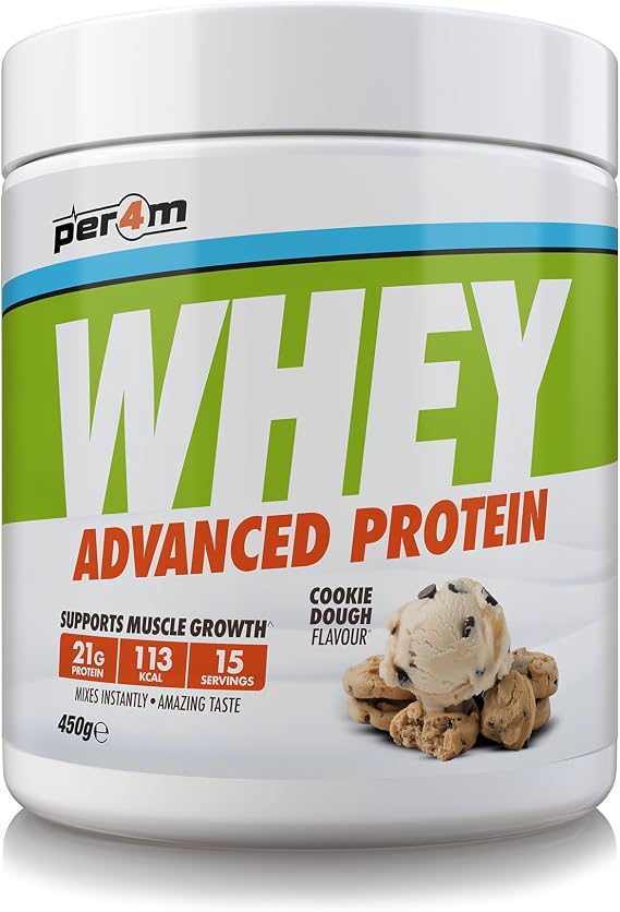 Per4m Whey Protein Powder | High Protein Shake for Muscle Growth & Recovery | Low Sugar Gym Supplement | Sports Nutrition Drink + Amino Acids (450g, Cookie Dough)