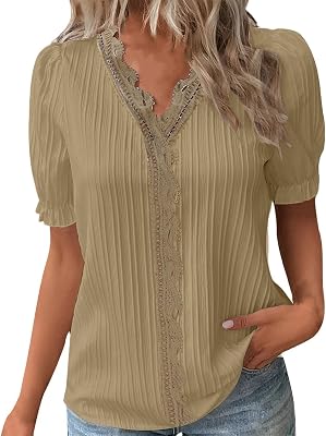 Summer Tops for Women 2025 Trendy Lace V Neck Plain Shirts Fashion Puff Short Sleeve Elegant Blouse Plus Size Tops