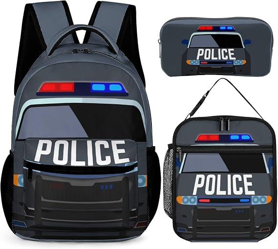Cool Police Car School Backpack with Lunch Box & Pencil Case