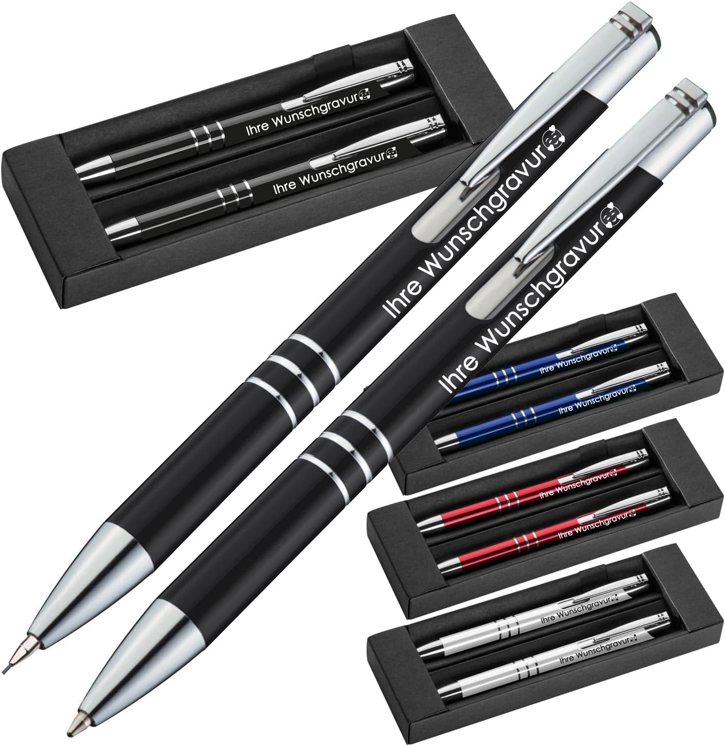 Writing Set with Ballpoint Pen and Mechanical Pencil Made of Metal with Engraving Blue Ballpoint Pen Personalised Ballpoint Pen Engraved Ballpoint Pen with Name (10) Black