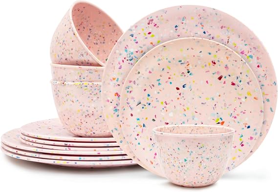 Zak Designs Melamine Dinnerware Set, 12-Piece, Service for 4, Confetti (Rose Pink)
