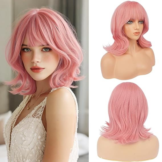 Pink Short Bob Wigs with Bangs Shoulder Length Wavy Layered Flipped Ends Natural Looking Medium Synthetic Hair Wig for Women Daily Party, 14 Inch