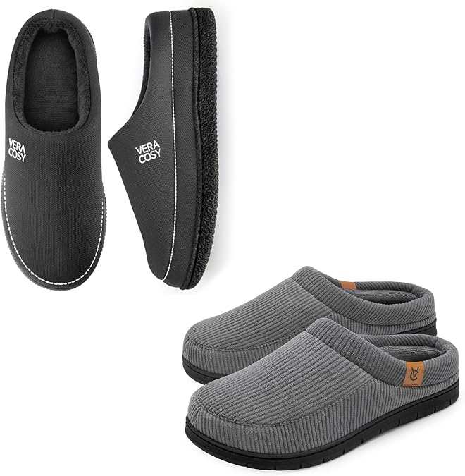 VeraCosy Men's Set of 2 Pairs - Moccasin Comfy Soft Slippers (Size 9-10, Dark Grey) - Cozy Knit Slipper for Indoor Outdoor (Size 9-10, Grey)