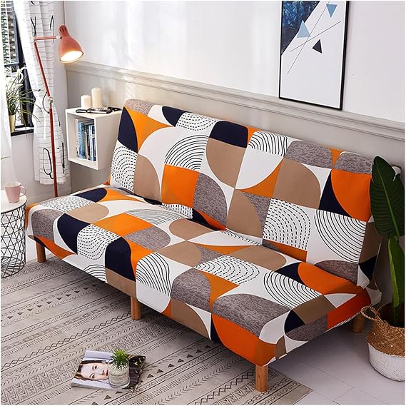 Printed Futon Cover Stretch Armless Sofa Bed with Elastic Bottom, Non Slip Couch Covers Sofa 2 Seat without Arms, Soft Armless Futon Slipcovers for Living Room Furniture Protector,D