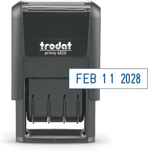Trodat Printy 4820 Self-Inking Home/Office Date Stamp, 3/8 x 1-14 Blue Ink | US MMM-DD-YYYY date format; Band cover keeps fingers clean; Open base for precise positioning; Replaceable ink pad; Blue Ink