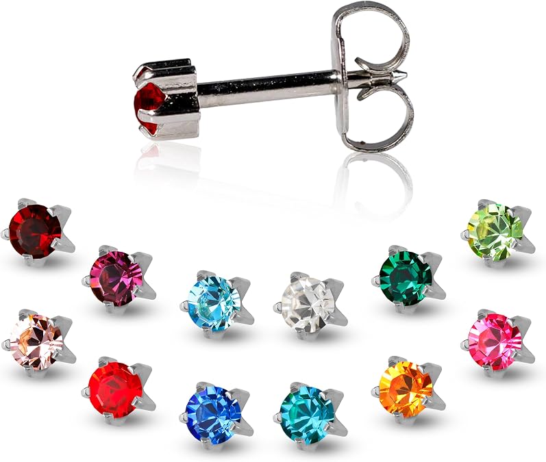 Caflon 16G Assorted Birthstone Piercing Studs, Sterilized, Pack 12