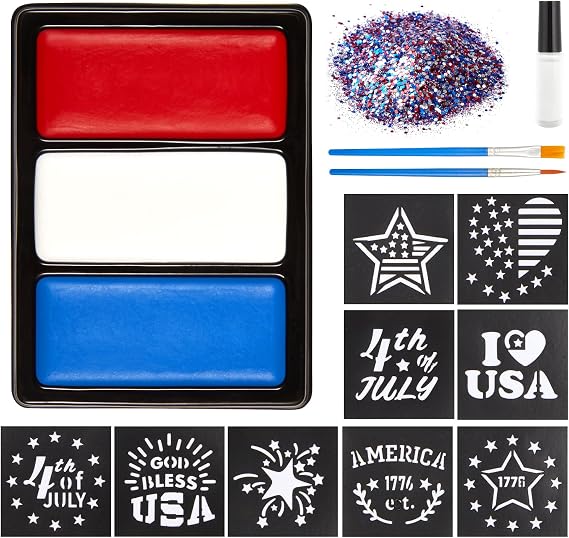 Lictin Red White Blue Face Paint Kit, Patriotic Body Paint with Glitter