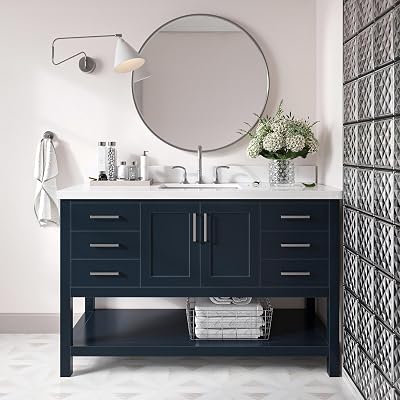 DKB Olivia 54 Midnight Blue Bathroom Vanity with Sink, 1.5 Pure White Quartz Countertop, Rectangular Undermount Sink, 2 Soft-Closing Doors, 6 Dovetail Drawers