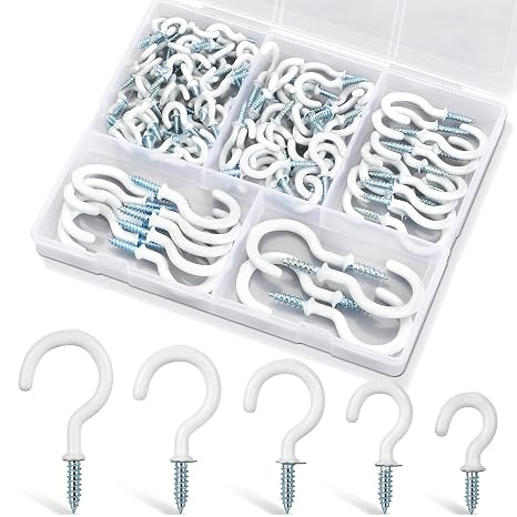 110Pcs Premium Screw Hooks, 5 Sizes White Vinyl Coated Cup Hook, from12 in Small Hooks to 1-12 in Ceiling Hooks Heavy Duty, Screw in Hooks for Hanging Plants, String Lights