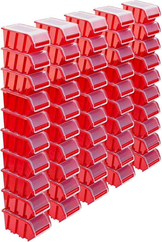 Stacking Boxes Set - 50 x Stacking Boxes with Lids 195 x 120 x 90 mm - Display Box Stacking Box Storage Box Red