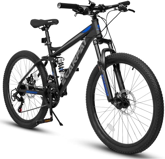 24/26/27.5 Inch Mountain Bike, Dual Full Suspension 21 Speed Womens Mens Mountain Bikes, Commuter Bike with Carbon Steel Frame and Dual Disc Brakes