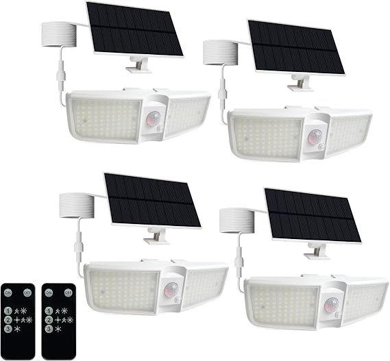 Solar Motion Sensor Outdoor Floodlights 6500K with Remote Control, 180 LED Waterproof,Solar Security Outdoor Light with IP65 for Wall Porch Barn Patio Garage, White 4-PCS